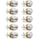 Probrico 5 Sets-Keyed Alike Entry Door Knob with Single Cylinder Deadbolts, Keyed Handleset for Front Door Exterior and Interior Hardware, Entry Lockset Lever Set Satin Nickel, Contractor Pack