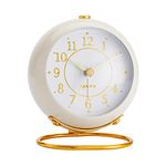 Metal Desk Clock, rjuwurv Retro Bedroom Table Vintage Analog Alarm Clock, Silent Non-Ticking Gold Clock, Bedside Décor(Milk White)