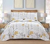 Quilt Set Queen Floral Bedspread Coverlet Queen Floral Quilts Bedding Spring Summer Lightweight Quilts Bedspread Reversible Bedding Grey Leaf Yellow Floral Quilt Collection Bedspread with Pillow Shams