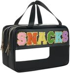 Snack Bags, Varsity Letter Pouch, Snacks Bag for Travel, Clear Chenille Varsity Letter Zipper Pouch, Snacks Bag Pouch, Preppy Clear Cosmetic Bag, Makeup Travel Bag for Women, Black--Sanck