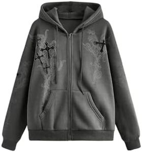 SweatyRocks Women's Y2k Zip Up Hoodies Gothic Graphic Cross Print Grunge Baggy Sweatshirt Jacket Grey X-Large