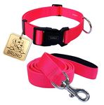 Kraftidy Dog Collar and Leash Belt with Name tag id Customized for Large Medium Small Dogs Neck Collar and Rope Leash with Personalized Dog Name (Hot Pink) (Large)