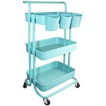 Piowio 3-Tier Utility Rolling Cart Multifunction Organizer Shelf Storage Cart with Handle Lockable Wheels and 3PCS Hanging Cups for Home Kitchen Bathroom Laundry Room Office Store etc. (Blue)