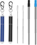 2 Pcs Portable Metal Straws, 3-Section Adjustable Telescopic Straw with Silicone Tips Cover, Aluminum Keychain Case and Telescopic Cleaning Brush, Unique Design for Home Travel(Black & Blue)1