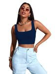 Sugathari Women's & Girls' Solid Ribbed Boat Neck Sleeveless Crop Tops for Women (Top 36 N Blue L)