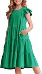 Arshiner Girls Summer Dress Ruffle Sleeve Flared Flowy Pleated Midi Cotton Casual Sundress with Pockets Green 8-9 Years