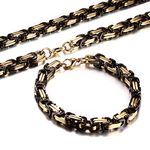 Men's Stainless Steel Mechanic Gold Black Chunky Byzantine Chain Bracelet and Necklace Set, 9"