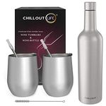 CHILLOUT LIFE Stainless Steel Wine Tumblers 2 Pack 12 oz & 1 Insulated Wine Bottle - Double Wall Vacuum Insulated Wine Cups with Lids and Straws Set