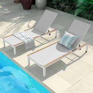 Grand patio Outdoor Chaise Lounge Set of 2 Mesh Sling Lounge Chairs with Woodgrain Texture, Portable Wheels & 4 Adjustable Reclining Backrest Positions for Poolside Beach White 2PCS