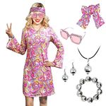 MRYUWB 70s Women Disco Dress Hippie Costumes Necklace Earrings Glasses, 60's 70's Birthday Outfits, 1970s Prom Bling Dress