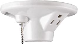 GE Porcelain Lampholder with Outlet and Pull Chain, Medium Base, Grounded Plug, Indoor Lighting, 3-Prong, Mount on 3-1/4” or 4” Box, UL Listed, White, 18305