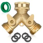 Garden Hose Splitter 2 Way, Heavy Duty Brass Garden Hose Y Splitter with 2 Valves, 3/4" GHT Thread Outlet Splitter with 4 Extra Rubber Washers for Lawn and Garden
