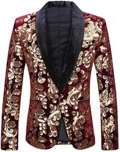 PYJTRL Men Fashion Velvet Sequins Floral Pattern Suit Jacket Blazer (Wine red 01, S)