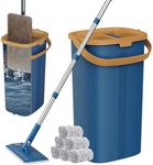 Flat Mop and Buckets Sets,Mops for Cleaning Floors with 6 Microfiber Pads and 138 cm Stainless Steel Handle,Floor Mops with Wringing Function for Cleaning Laminate Tile Marble Hardwood Floors - indigo