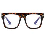 Unisex Stylish Square Non-prescription Eyeglasses Glasses Flat Top Big Eyeglass Frames Large lens Clear Lens Eyewear (leopard(blue Light Blocker Lens))