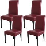 Dining Chair Covers, Solid Pu Leather Waterproof Oilproof Stretch Dining Chair Protector Cover Slipcover (Wine Red, 4 Pack)