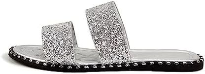 PICNICFUN Women's Open Toe Flat Sandals Rhinestone Glitter On Casual Fashion Slippers Quick Drying Indoor & Outdoor Slides, Silver, 8 Narrow