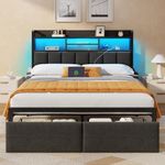 Furnulem Queen Bed Frame with Storage Drawers, Upholstered Headboard with Storage Shelf, LED Lights and Charging Station, Metal Platform Bed Frame Queen Size, Noise Free, No Box Spring Needed, Black