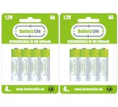 Battery Life AA Rechargeable Batteries (8 pack) 600mAh Ni-MH 1.2v Household UK Brand