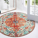 Lahome Bohemian Floral Medallion Round Rug - 3Ft Oriental Distressed Small Round Area Rug Vintage Washable Entryway Foyer Mat Non-Slip Non-Shedding Low-Pile Sofa Bathroom Carpet, Orange/Multi