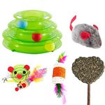 Cature Cat Toy, 3 Levels Pet Cat Toy Funny Tower Tracks Toy, Cat Ball Toys,Feather Mouse Cat Toy Cat Stick, Cat Interactive Toy for Kittens (Pack of 5,Color May Vary) (Combo1)