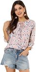 Allegra K Women's Tie V Neck Casual Boho Ruffled 3/4 Sleeve Floral Blouse Tops Pink X-Large