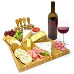 joeji's Kitchen Cheese Board Platter Set - Natural Wood Bamboo - Gift Set with Knives & Holder - Charcuterie Platter