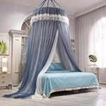 AIKASY Girls and Adults Canopy Bed, Elegant Double-Layer Bed Curtain, Children's Dream Round Lace Mosquito Net, Princess Canopy Net - Fits Twin, Full, Queen, and King Beds (White/Blue)