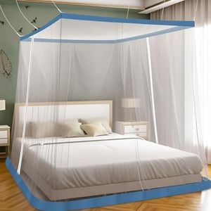LifeKrafts Bed Mosquito Net - King Size Premium Polyester Machardani (6ft x 6.5ft,Elegant White with Blue Border) | Double Zipper Entry | Washable & Durable Net for Peaceful Sleep
