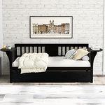 Twin Daybed with Trundle, Wood Sofa Bed Frame for Kids Adults, Twin Size Day Bed for Bedroom Living Room, Espresso