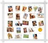 PHOENANCEE Wood Picture Frames Collage,Photo Display With 30 Clips,Hanging Picture Board Wall Decor for Dorm Graduation Letter Postcard Greeting Card Organizer,Pine,Adjustable Metal Bead String,Large
