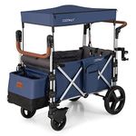 COSTWAY Push Pull Stroller Wagon for 2 Kids, Collapsible Trolley with Adjustable Handle Bar, Removable Canopy, 5-Point Harness and Drapes, Outdoor Camping Cargo Cart (Navy)