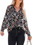 MLEBR Womens Blouses Fashion Long Sleeve V Neck Loose Casual Floral Leopard Printed Chiffon Blouses Tops and T Shirts, J Black Daisy, X-Large