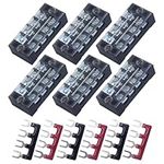 CEEYSEE 12pcs(6 Sets) 4 Positions Dual Rows Covered Screw Terminal Block 600V 25A + 6Pcs 4 Positions Pre-Insulated Black/Red Fork Terminal Barrier Strip 400V 25A (TB2504)