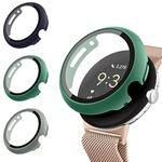 [3 Pack] Cases for Google Pixel Watch/Pixel Watch 2 Screen Protector, [HD Tempered Glass Screen Protector] All-Around Full Coverage Screen Bumper Full Sensitive Cover (Blue+Grey+Green)