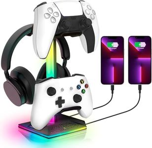 XIULIUU RGB Headphone Stand, 3-in-1 PC Gaming Controller Holder Headphones Hanger with 10 Light Mode, 2 USB Charging Port, Headphone Stand Under Desk, Universal Headset Controllers Hook