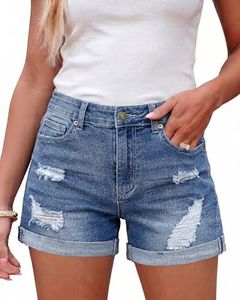 LookbookStore Women's High Waisted Ripped Denim Shorts - Cuffed, Stretchy, Plus Size Distressed Jean Shorts - Navy Peony, Size XXL (20-22)