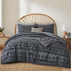 Oli Anderson Grey Queen Comforter Set Tufted Geometry Bedding Set Queen 3 Pieces, Boho Shabby Chic Comforter with 2 Pillowcases (Grey,Queen)