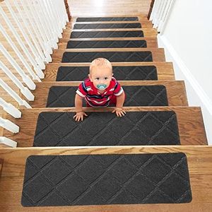 YISUN Tapis Marchettes D'escalier avec Adhésifs 15pcs 20 x 65cm Antidérapant et Esthétique pour Enfants Personnes âgées Animaux Domestiques—Gris