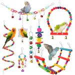 Pethee 8 Pack Budgie Toys Bird Toys Set Bird Swing Chew Toys Bells Hanging Mirror Climbing Ladders Wooden Chewing Toy for Parrot Conure Cockatiel Lovebird Parrotlet