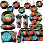 142Pcs Record Theme Tableware Set, 50's Party Decorations Record Paper Plates and Napkins, Cups, Tablecloth, Hanging Swirls Record Banner for 1950's Rock Music Party Supplies