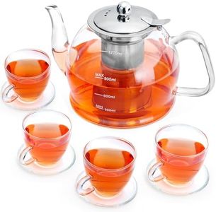 Glass Teapot Set, 40oz / 1.2L Tea Pot Set with 4 Glass Teacups, Clear Tea Pot with Removable Stainless Steel Strainer for Loose Tea, Blooming Tea, Premium Quality Borosilicate Glass Teapot Gift Set