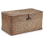 IGNPION Seagrass Storage Basket with Lid Woven Seagrass Desktop Basket Rectangular Bathroom Storage Organiser Box, Shelves & Desks Decorative Basket Multipurpose storage Hamper (Coffee, M)