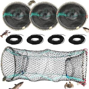 Sgran 4 Pack Fishing Bait Trap Crawfish Trap, Collapsible Fishing Traps with 260 Ft Rope, Crab Trap Minnow Trap for Lobster, Crawfish, Shrimp, Folding Fishing Accessories