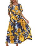 YESNO Women Dresses Casual Plus Size Bohemian Short Sleeve Floral Long Maxi Summer Beach Swing Dress/Pockets 3XL EJFUK CR141