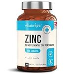 Zinc Tablets High Strength - 25mg from 1 Capsule Serving, 365 Vegan Tablet, 1 Year Supply - or 50mg from 2 Capsule Serving - Zinc Supplements for Immune System, Hair, Skin, Bones, Nails - VitaBright