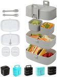 Bento Lunch Box for Kids and Adults - 4 Lunch Containers with Leakproof Lids Latch Together for Easy Carry in a Backpack - Microwave and Dishwasher-Safe with Kid-Friendly Spoon and Fork (Gray)