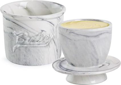 Butter Crock with Spreader, French Butter Keeper with Water Line for Counter, The Original Porcelain Butter Dish. Ceramic French Butter Dish (Marble, Medium)