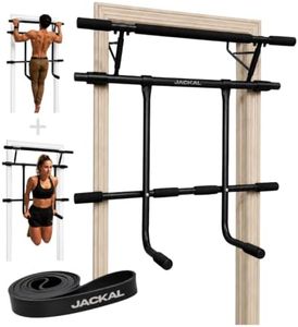 JACKAL Door Pullup Bar and Dip Bar Station - Removable Dip Bars, Olympic Style Pullup Bar, Easy Folding Storage, No Screws, Dip Station and Pull-up Bar for Doorway, Collapsible Dip Station, No Door Damage, High Weight Capacity, Foldable Bodyweight Workout Station
