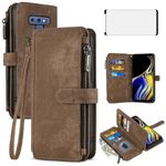 Asuwish Phone Case for Samsung Galaxy Note 9 Wallet Cover and Tempered Glass Screen Protector Leather Flip Credit Card Holder Stand Lanyard Wrist Strap Cell Accessories Note9 Not S9 Women Men Brown